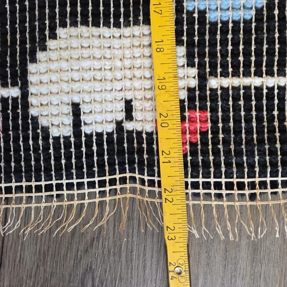 Vintage Latch Hook Rug Black Tuxedo Cat with Rose and Blue Bow & Hearts Raw Edge